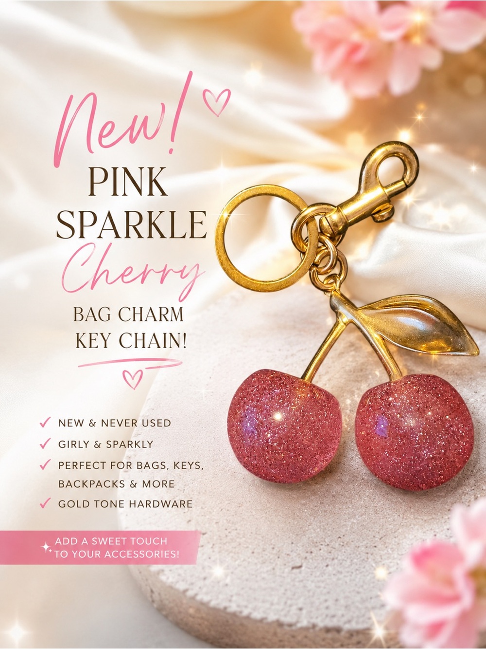 Pink Sparkle Cherry Bag Charm Keychain - Gold Tone Hardware